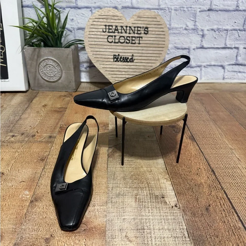 Salvatore Ferragamo black leather slingback kitten heels